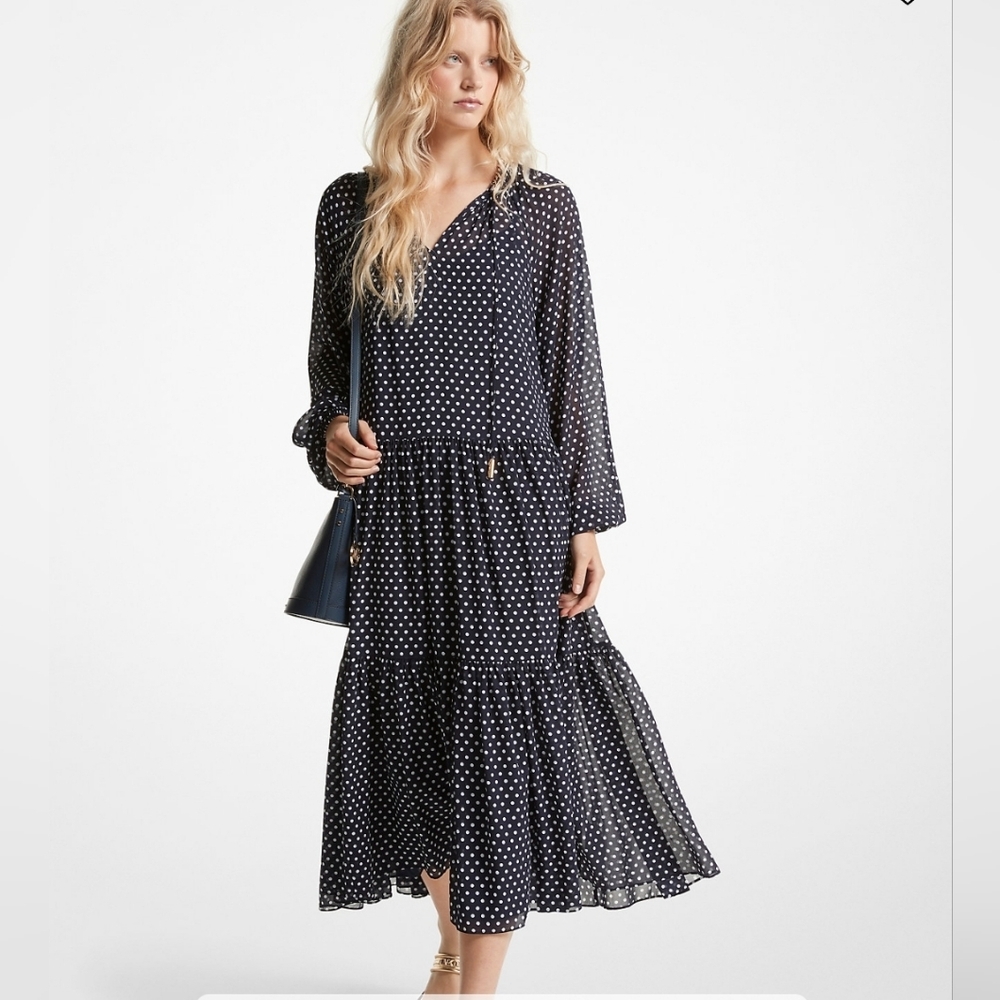 MICHAEL Michael Kors Polka Dot Georgette Tiered Midi Dress Size Small NWT $355